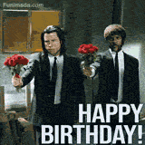 Hilarious Pulp Fiction-inspired Happy Birthday GIF featuring two men in black suits holding red roses instead of guns, recreating the iconic scene with a birthday twist.