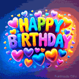 A stunning animated GIF with colorful 'Happy Birthday' text glowing among neon-style hearts, creating a festive and joyful vibe for celebrations.