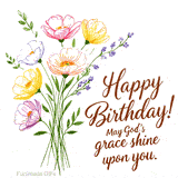 Animated GIF featuring a delicate bouquet of hand-drawn flowers swaying gently. The message 'Happy Birthday! May God’s grace shine upon you.' is written in elegant brown script, creating a warm blessing.