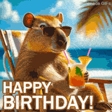 A relaxed funny capybara wearing sunglasses lounges by the ocean, holding a fruity drink. A palm tree sways behind, and 'HAPPY BIRTHDAY!' text is displayed in large, bold letters.