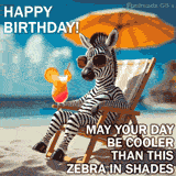 Funny birthday animation with a zebra chilling on a tropical beach, wearing sunglasses and sipping a drink, paired with a cheerful birthday message in bold letters.