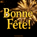 Image animée festive avec 'Bonne Fête!' en lettres dorées et des feux d’artifice lumineux.