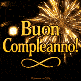 Video con scritta dorata 'Buon Compleanno!' davanti a fuochi d’artificio scintillanti su sfondo nero. Un augurio elegante e luminoso per una giornata speciale.