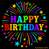 Animated rainbow-colored 'Happy Birthday' text surrounded by colorful fireworks and stars on a black background.