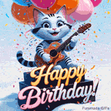 Adorable birthday animation with a smiling cartoon cat, balloons, and a guitar, playing a cheerful tune under confetti rain. Text reads: 'Happy Birthday!'