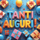 GIF animata con la scritta 'Tanti Auguri' in lettere 3D colorate, circondata da pacchi regalo, palloncini e coriandoli su sfondo azzurro festivo.