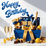 Elegant birthday GIF with a blue and gold gift basket, two champagne glasses, chocolates, lemons, and a beautiful 'Happy Birthday' message in blue script on a white background.
