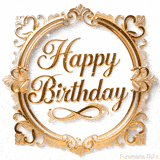 Animated image featuring a luxurious gold ornamental frame with the elegant inscription 'Happy Birthday' inside, sparkling softly on a white background.