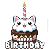 Cute animated birthday GIF featuring a cat-faced cake with chocolate frosting, a pink-striped candle flame, and bouncing 'Happy Birthday' text in bubble letters.