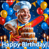 A cartoonish chef in a white hat grins while holding a red chainsaw over a chocolate birthday cake with candles, surrounded by balloons and festive decorations.