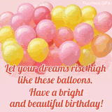 Animated pastel pink, yellow, and orange balloons rise in the air on a soft pink background, with birthday message text appearing in red elegant script below the balloons.
