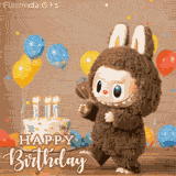 Animated GIF of Labubu in a bunny costume happily dancing in front of a birthday cake with candles, colorful balloons floating in the background, and confetti falling.