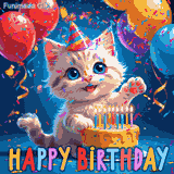 A cute kitten with big blue eyes celebrates a birthday with a lit cake, party hat, balloons, and colorful confetti falling around.