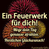 Der Geburtstagsspruch 'Ein Feuerwerk für dich!' auf einem animierten Hintergrund. Der Hintergrund zeigt ein hell leuchtendes, farbenfrohes Feuerwerk in der Nacht, das funkelt und strahlt.