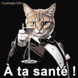 Un chat tigré élégant, vêtu d'un smoking noir avec un nœud papillon, lève une coupe de champagne pour trinquer. En bas, le texte 'À ta santé !'.