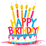 A creative doodle-style animation of a birthday cake with colorful candles. The message 'Happy Birthday!' is written in vibrant, crayon-like strokes, and the hand-drawn flames flicker.