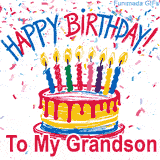 An animated GIF in a colorful, hand-drawn style wishing 'Happy Birthday To My Grandson'. It features a birthday cake with flickering candles and a shower of falling confetti.