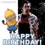 An animated GIF shows Jim Carrey from Ace Ventura repeatedly opening a sliding door. Each time, he reveals two Minions dancing on the other side. A 'HAPPY BIRTHDAY!' message is below.