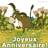 Un âne de style vintage, avec un nœud bleu sur la queue, saute joyeusement dans un champ. Le message « Joyeux Anniversaire ! » apparaît au premier plan de l'animation.