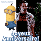 Animation montrant Jim Carrey qui révèle deux Minions en train de danser en ouvrant une porte. La phrase « Joyeux Anniversaire ! » est affichée en grand au premier plan.
