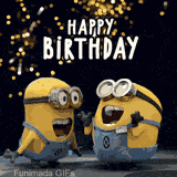 An animated GIF showing two Minions in overalls singing with open mouths. One waves. The text 'Happy Birthday' is above them against a dark background with golden sparkles.