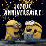 Une GIF animée montrant deux Minions en salopette qui chantent avec enthousiasme. Le texte « Joyeux Anniversaire ! » est écrit au-dessus sur un fond sombre avec des lumières dorées.