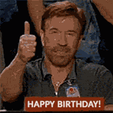 An animated GIF of action star Chuck Norris giving a firm thumbs-up and a slight nod of approval. A red banner at the bottom of the frame reads 'HAPPY BIRTHDAY!'.