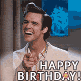 An animated meme GIF of Jim Carrey as Ace Ventura, laughing hysterically while pointing directly at the viewer. A caption at the bottom of the frame reads 'HAPPY BIRTHDAY!'.