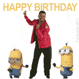 A funny birthday animation featuring Alfonso Ribeiro as Carlton doing his iconic dance. Two yellow Minions from 'Despicable Me' dance alongside him, and 'HAPPY BIRTHDAY' is written above.