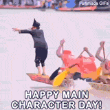 The viral 'Aura Farming Kid' meme used as a birthday GIF, A boy dances effortlessly on a dragon boat, symbolizing main character energy, with 'HAPPY MAIN CHARACTER DAY!' text below.