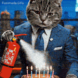 A funny animation of a cat with a human-like body wearing a suit and tie in an office setting, With a grumpy expression, it uses a fire extinguisher to put out birthday candles.
