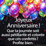 Une scène de fête animée avec une multitude de ballons colorés en haut de l'image. Des confettis de toutes les couleurs tombent, avec un message de vœux d'anniversaire chaleureux.