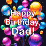 A festive birthday greeting for a dad, This animated image features a cluster of multi-colored, artistic balloons in shades of blue, orange, and purple, with 'Happy Birthday, Dad!' written over them.