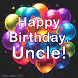A festive animated card with 'Happy Birthday, Uncle!' in bold white letters, The background is filled with a beautiful bouquet of glowing, brightly colored party balloons and sparkles.