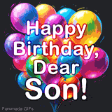 A video clip showing a bunch of colorful balloons swaying gently. The text 'Happy Birthday, Dear Son!' glows against the dark backdrop while happy and energetic music plays.