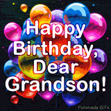 A celebratory animated card with 'Happy Birthday, Dear Grandson!' in the middle, The background is filled with a beautiful array of glossy balloons in shades of blue, yellow, and purple.