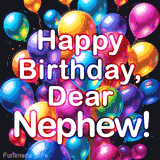 An animated GIF shows a vibrant bunch of colorful, glossy balloons floating against a dark background, The text 'Happy Birthday, Dear Nephew!' is in the center in bold white letters.