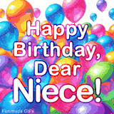 A celebratory animated card with 'Happy Birthday, Dear Niece!', The background is filled with a beautiful array of glossy balloons in shades of blue, orange, and purple that gently sway.