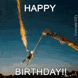 A hilarious animated birthday greeting featuring a person being catapulted high into the air at dusk, They are holding a large, sparkling flare, creating a firework-like effect.