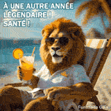 Une image fixe d'une courte vidéo d'anniversaire, Un lion se détend sur une chaise longue avec un verre, avec le vœu amusant 'Santé !' sur l'image.