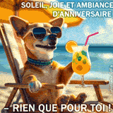 Image de couverture pour une vidéo musicale, Un chien décontracté dans une pose humoristique, promettant un message d'anniversaire drôle avec une bande-son entraînante.