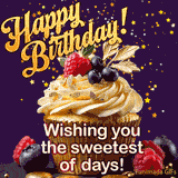 A delicious-looking animated birthday card featuring a cupcake decorated with fresh berries and gold details, Golden stars sparkle and fall with 'Wishing you the sweetest of days!' text.