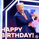 A humorous animation of Donald Trump dancing on stage with great energy, He looks excited while doing his signature dance moves, making for a funny 'HAPPY BIRTHDAY!' wish.
