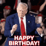 Animated meme of Donald Trump doing his famous fist-pumping dance at a rally while looking intently at the crowd, with a 'HAPPY BIRTHDAY!' caption at the bottom of the image.