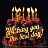 A celebratory animation of a birthday cake, The flames on the golden candles flicker, highlighting the 'Wishing you the best day!' message on a dark, elegant background.