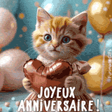 Une image fixe d'une courte vidéo d'anniversaire, Elle montre un adorable chaton avec de grands yeux bleus et un ballon, avec les mots 'JOYEUX ANNIVERSAIRE !' à l'écran.
