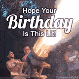 A hilarious birthday meme GIF featuring three friends with a massive fire-blasting device. The man in front pulls a lever, creating an epic explosion of fire and smoke.