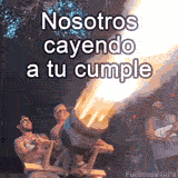 Meme GIF para una fiesta de cumpleaños: tres chicos celebran con un cañón que crea una llamarada gigante, prometiendo una fiesta inolvidable y salvaje.