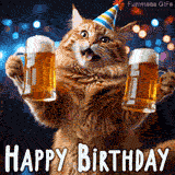 A funny animated birthday card featuring a long-haired orange cat in a party hat, enthusiastically holding up two frothy mugs of beer to celebrate a birthday.