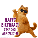 An animated GIF of a cool ginger cat wearing sunglasses, standing on its hind legs and dancing. The text reads 'Happy Birthday! Stay Cool and Party On' on a white background.